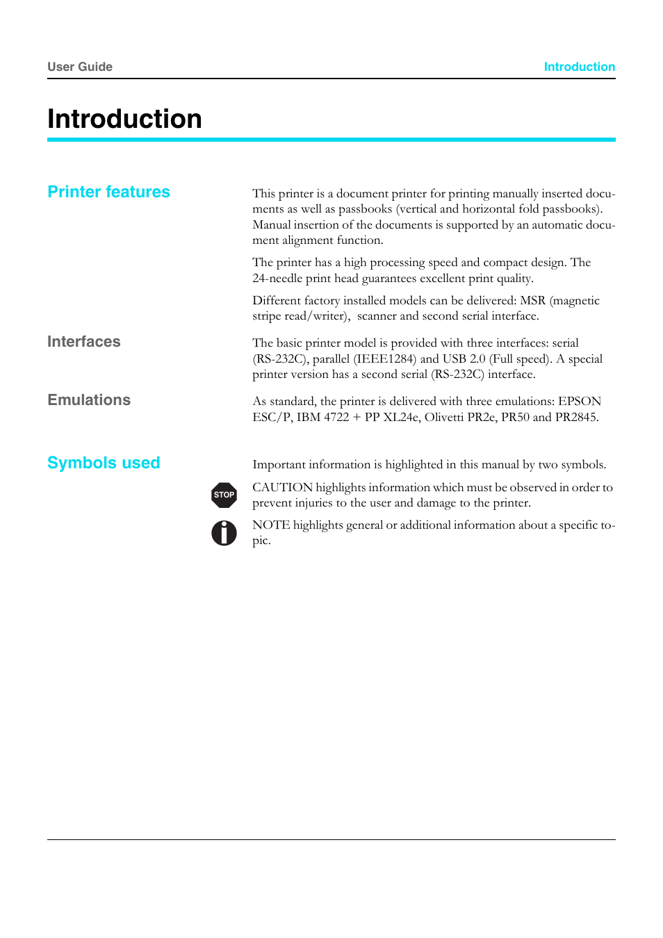 Introduction, Printer features, Interfaces | Emulations, Symbols used | Dascom T5040 User Guide User Manual | Page 9 / 146