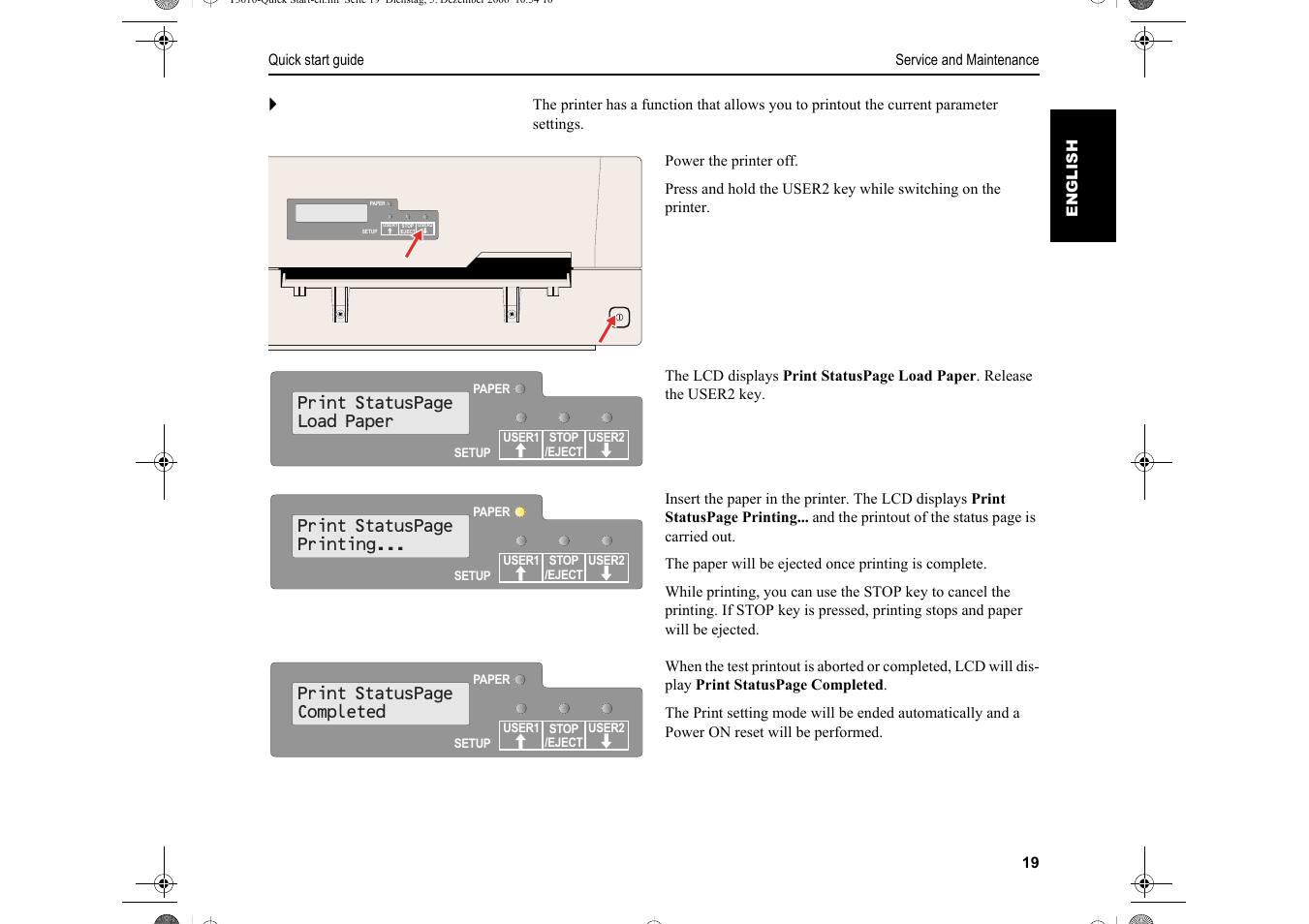 Print statuspage load paper, Print statuspage printing, Print statuspage completed | Dascom T5040 Quick Start Guide User Manual | Page 23 / 28