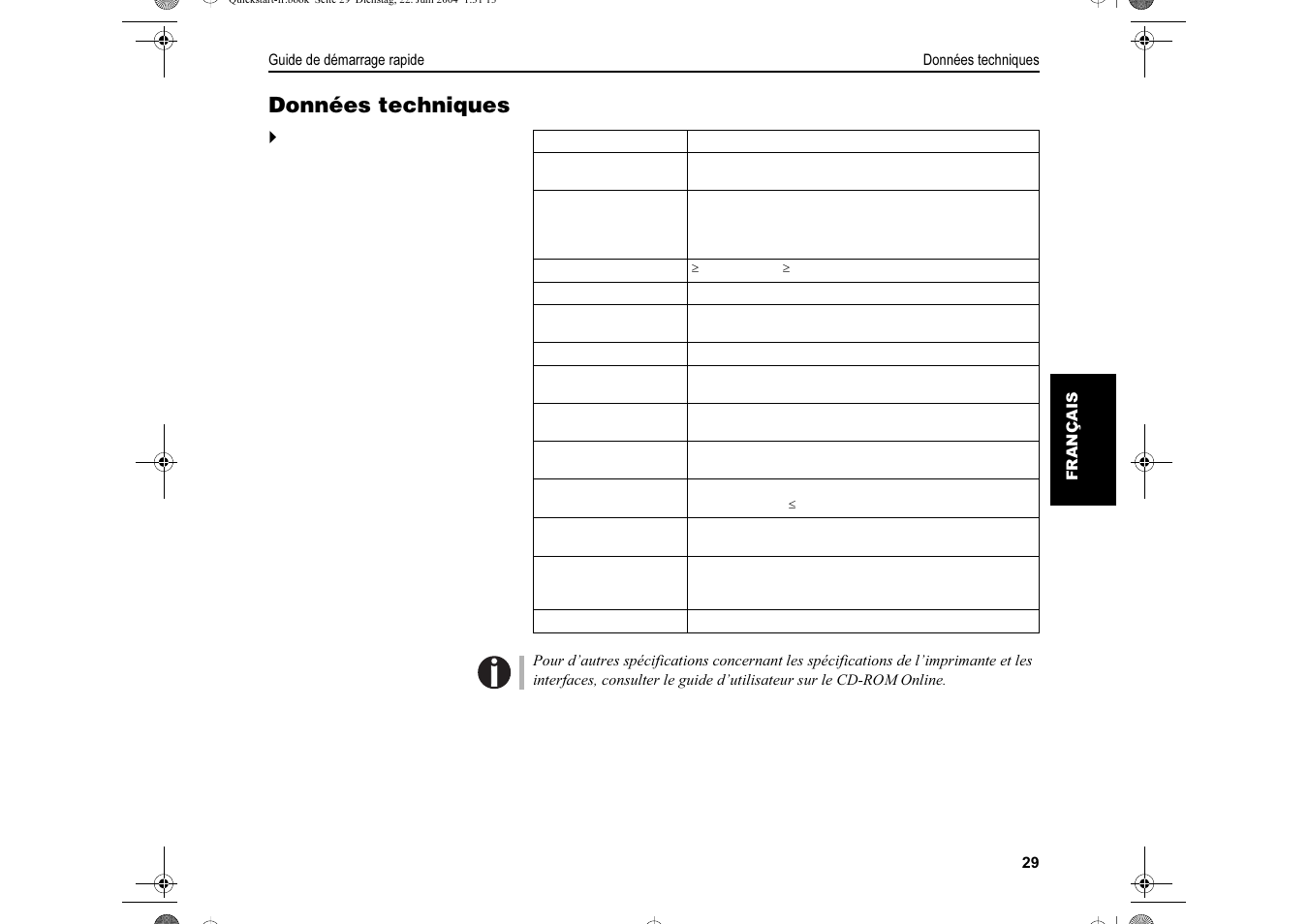 Données techniques | Dascom LA550W Quick Start Guide User Manual | Page 93 / 156