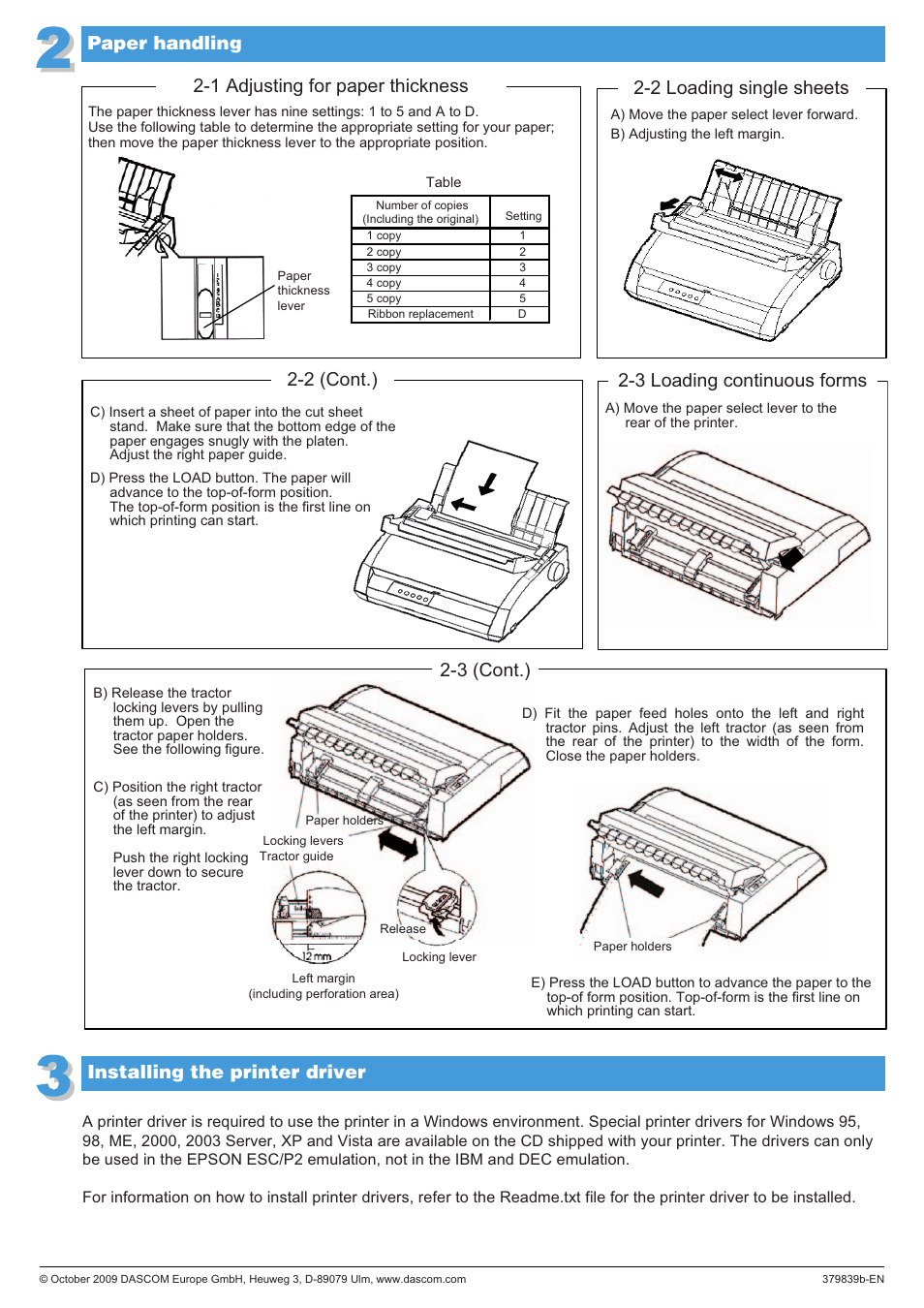 1 adjusting for paper thickness, 2 loading single sheets, 3 loading continuous forms | 2 (cont.), 3 (cont.), Paper handling installing the printer driver | Dascom LA48N/LA48W Quick Start Guide User Manual | Page 2 / 2