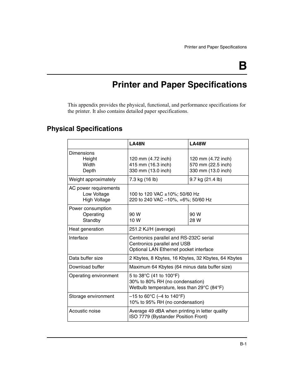 Printer and paper specifications, Physical specifications | Dascom LA48N/LA48W User Guide User Manual | Page 125 / 206