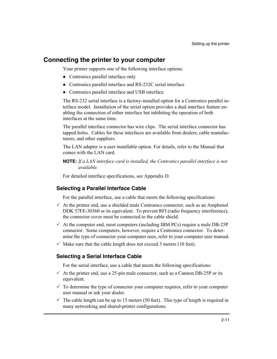 Connecting the printer to your computer, Selecting a parallel interface cable, Selecting a serial interface cable | Dascom LA48N/LA48W User Guide User Manual | Page 21 / 206