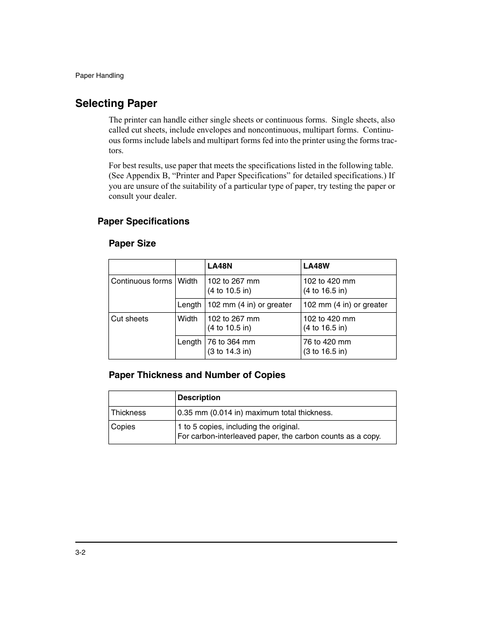 Selecting paper, Paper specifications, Paper size | Paper thickness and number of copies, Paper thickness and number of copies 3-2 | Dascom LA48N/LA48W User Guide User Manual | Page 34 / 206