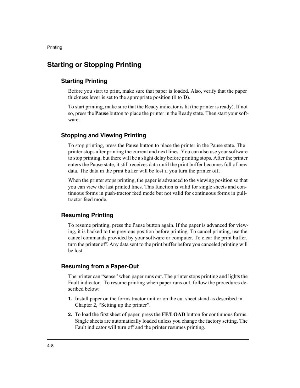 Starting or stopping printing, Starting printing, Stopping and viewing printing | Resuming printing, Resuming from a paper-out | Dascom LA48N/LA48W User Guide User Manual | Page 64 / 206