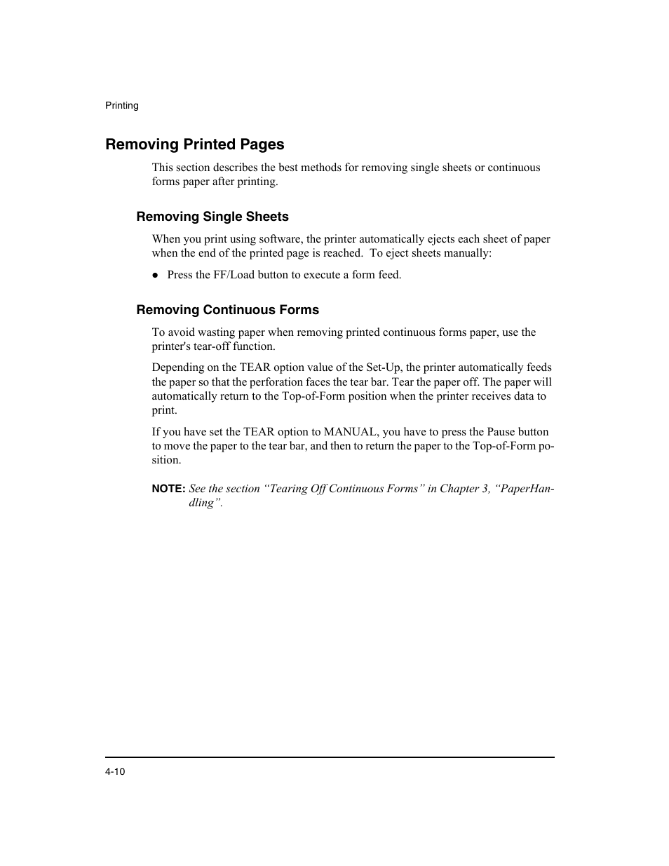 Removing single sheets, Removing continuous forms, Removing printed pages | Dascom LA48N/LA48W User Guide User Manual | Page 66 / 206