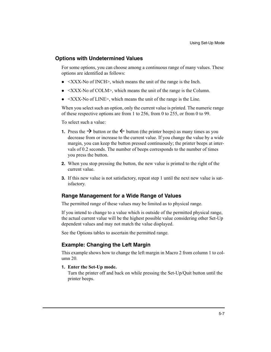 Options with undetermined values, Range management for a wide range of values, Example: changing the left margin | Dascom LA48N/LA48W User Guide User Manual | Page 73 / 206