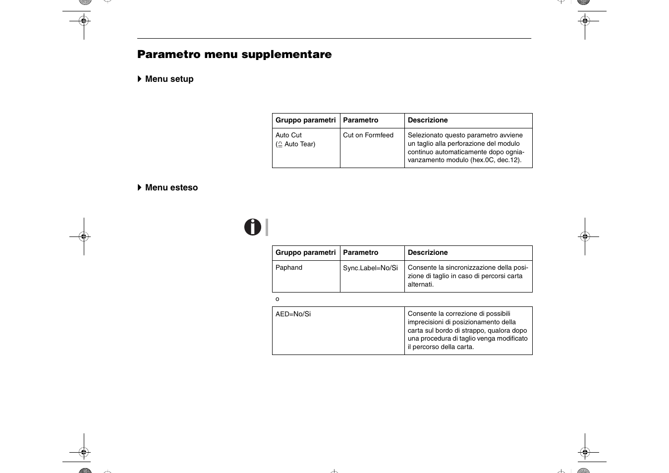 Parametro menu supplementare | Dascom T2265+ Quick Installation Guide Cutting Device User Manual | Page 102 / 134