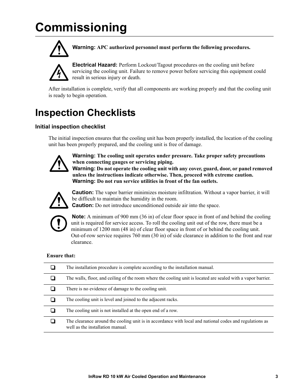Commissioning, Inspection checklists, Initial inspection checklist | APC IN ROW RD ACRD101 User Manual | Page 11 / 56