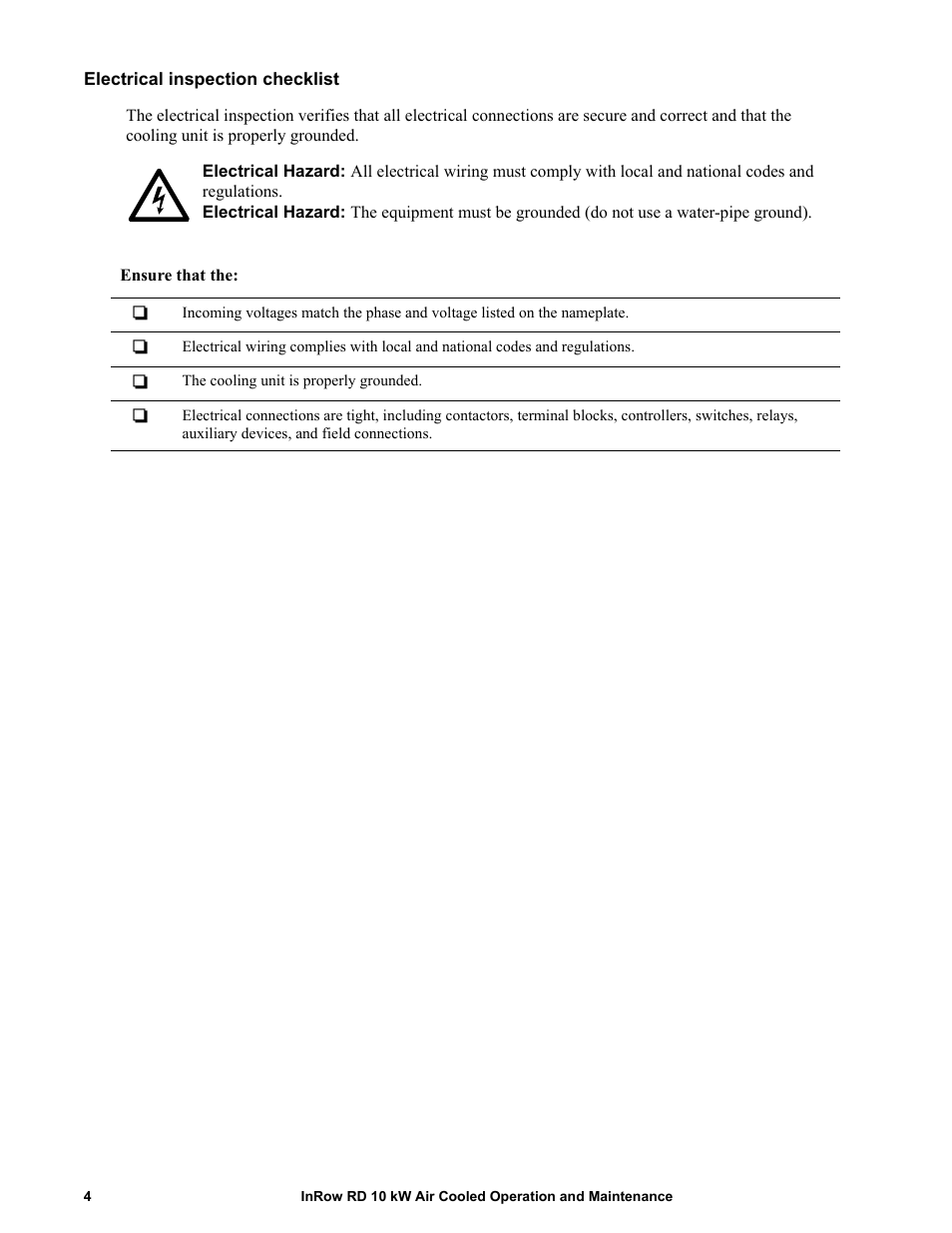 Electrical inspection checklist | APC IN ROW RD ACRD101 User Manual | Page 12 / 56