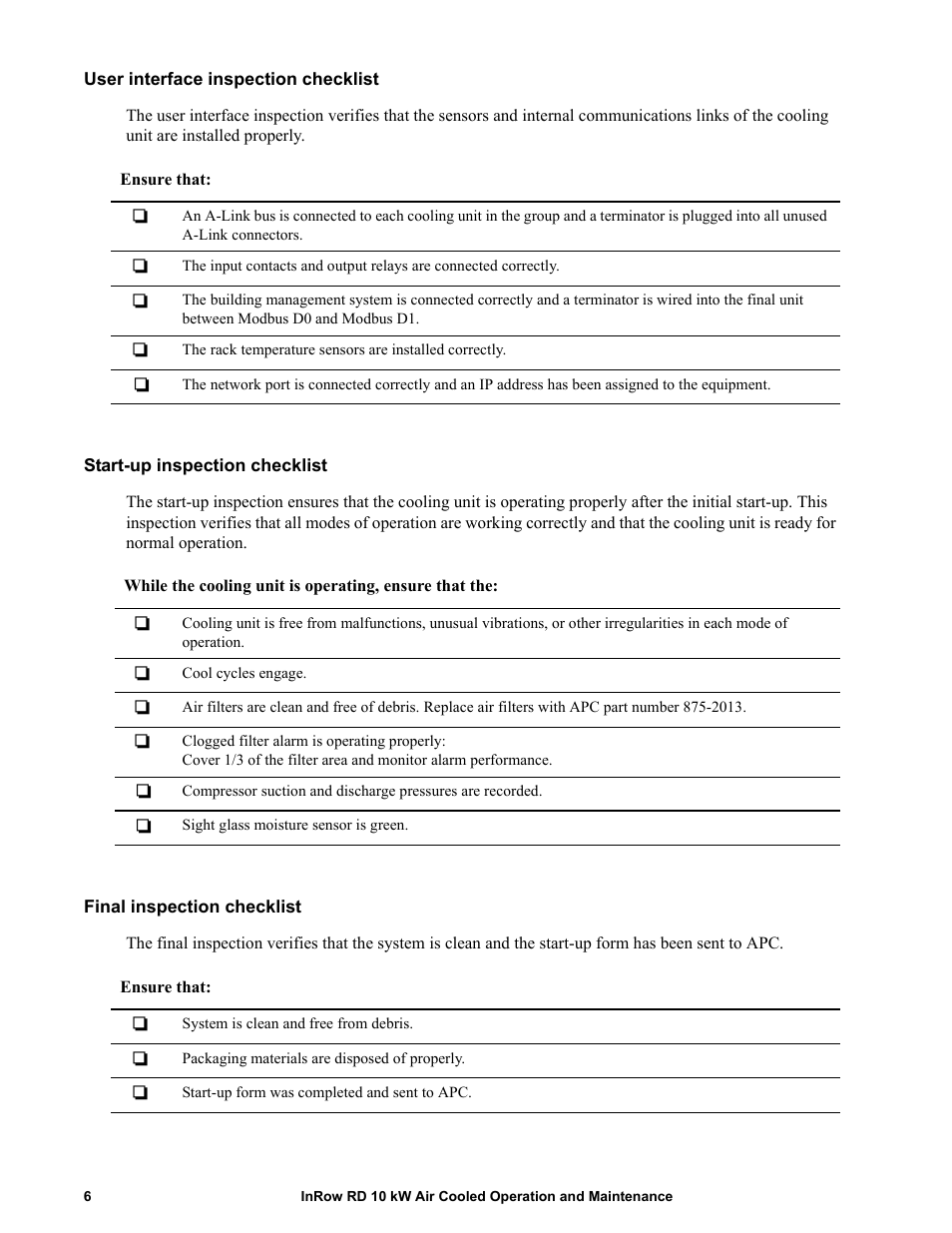 User interface inspection checklist, Start-up inspection checklist, Final inspection checklist | APC IN ROW RD ACRD101 User Manual | Page 14 / 56
