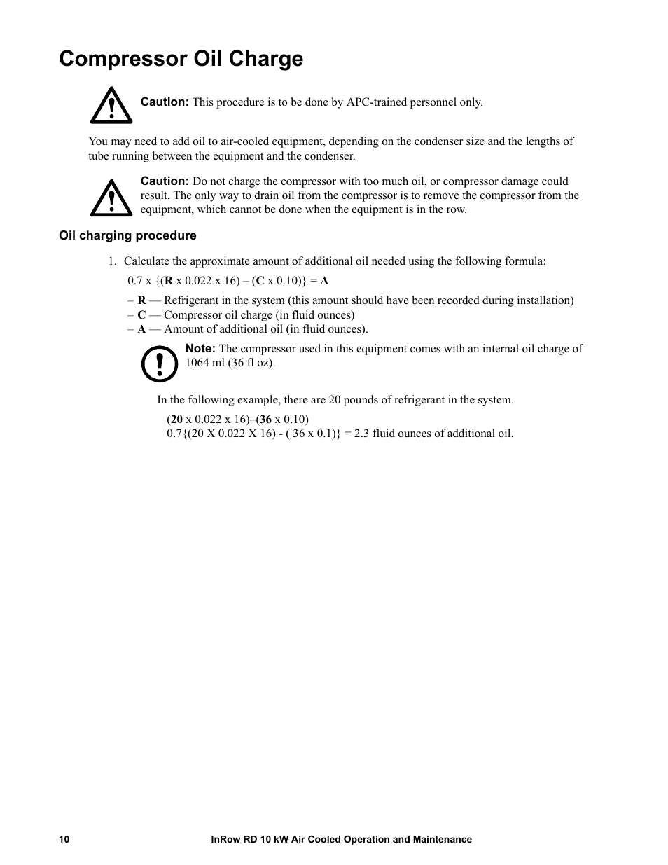 Compressor oil charge, Oil charging procedure | APC IN ROW RD ACRD101 User Manual | Page 18 / 56