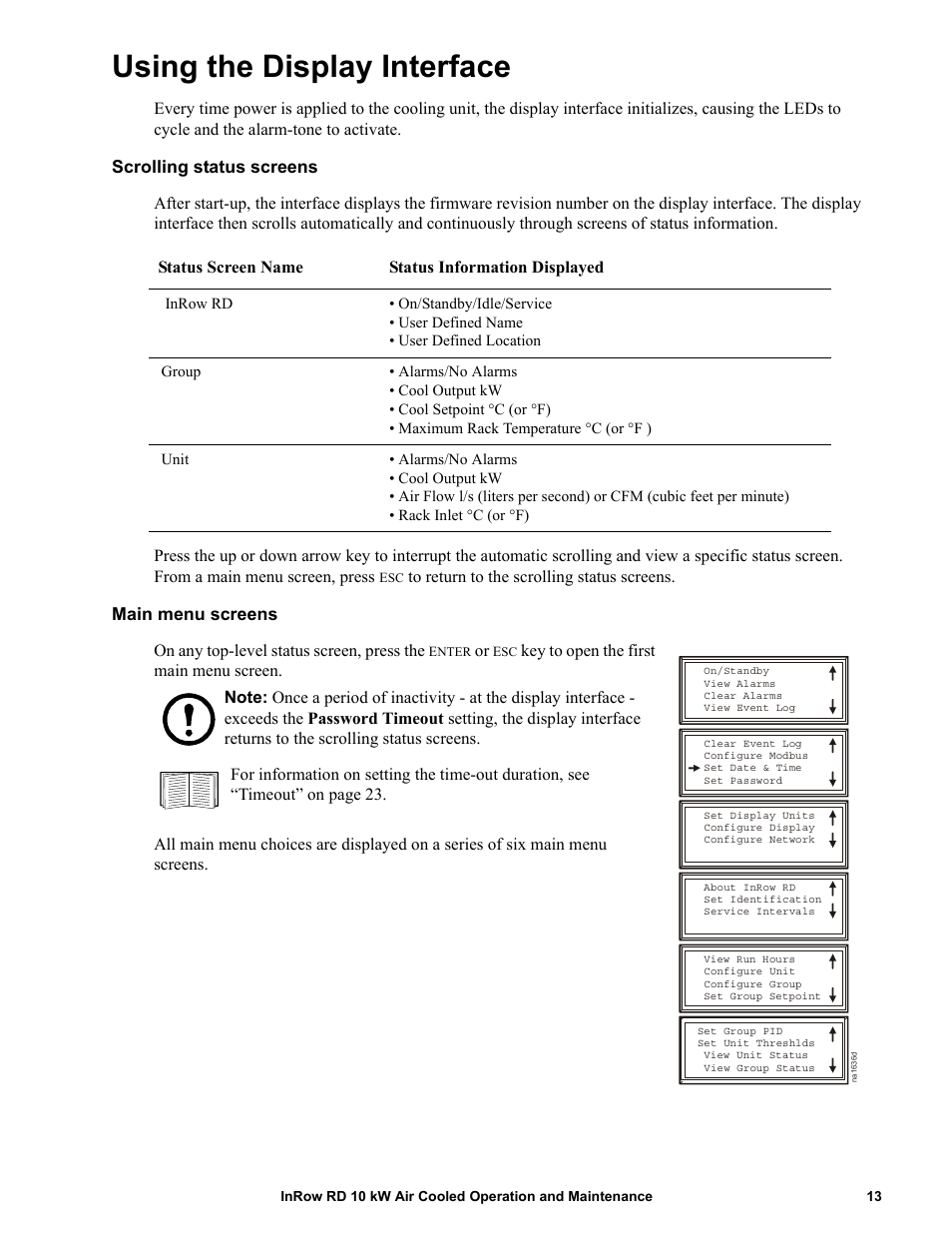 Using the display interface, Scrolling status screens, Main menu screens | APC IN ROW RD ACRD101 User Manual | Page 21 / 56