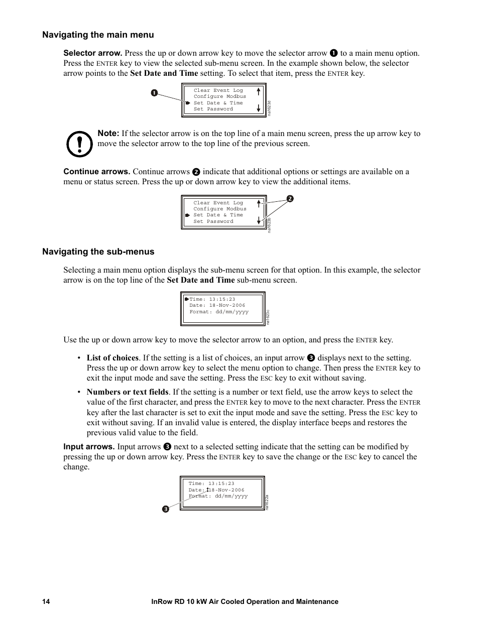 Navigating the main menu, Navigating the sub-menus | APC IN ROW RD ACRD101 User Manual | Page 22 / 56