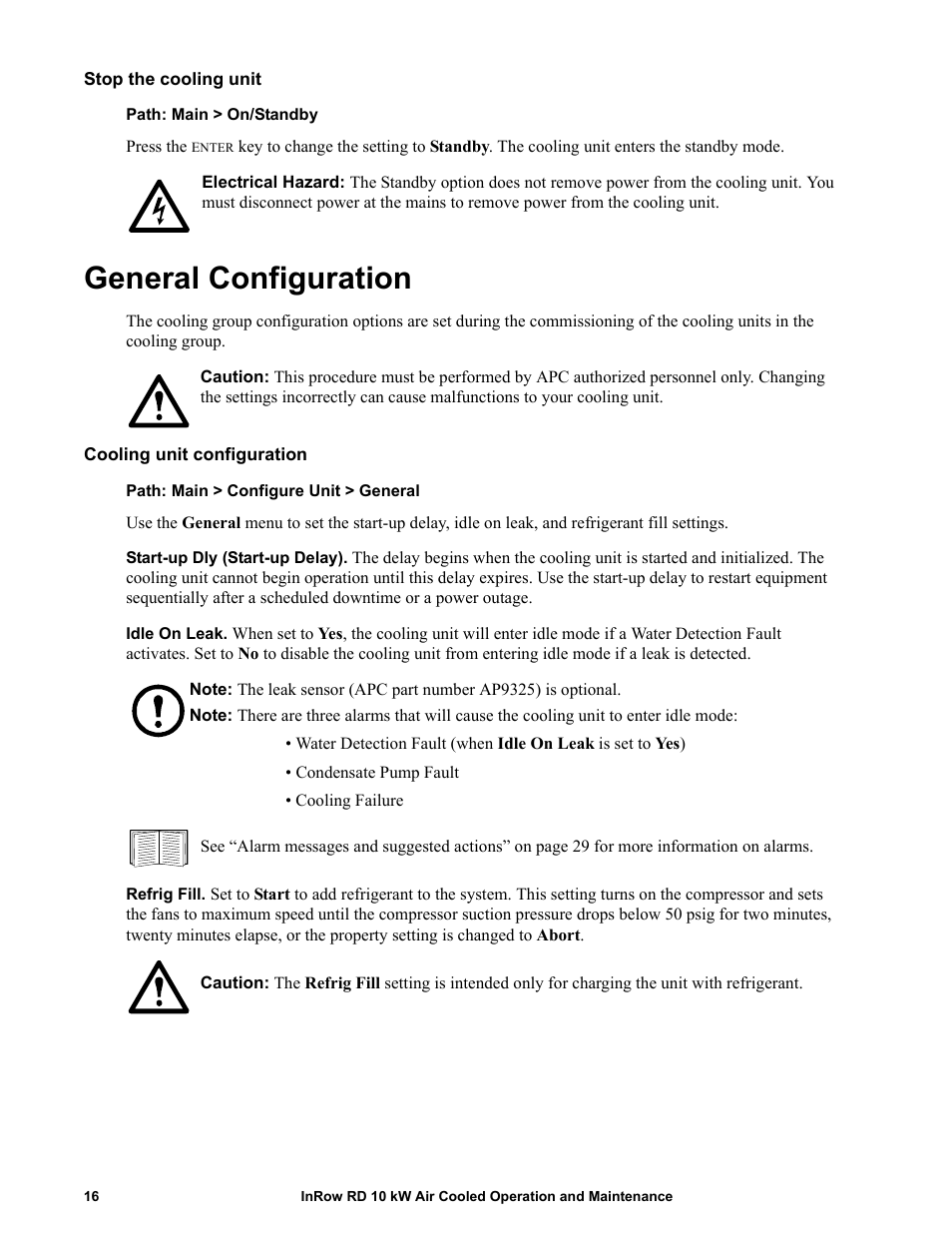 Stop the cooling unit, General configuration, Cooling unit configuration | APC IN ROW RD ACRD101 User Manual | Page 24 / 56