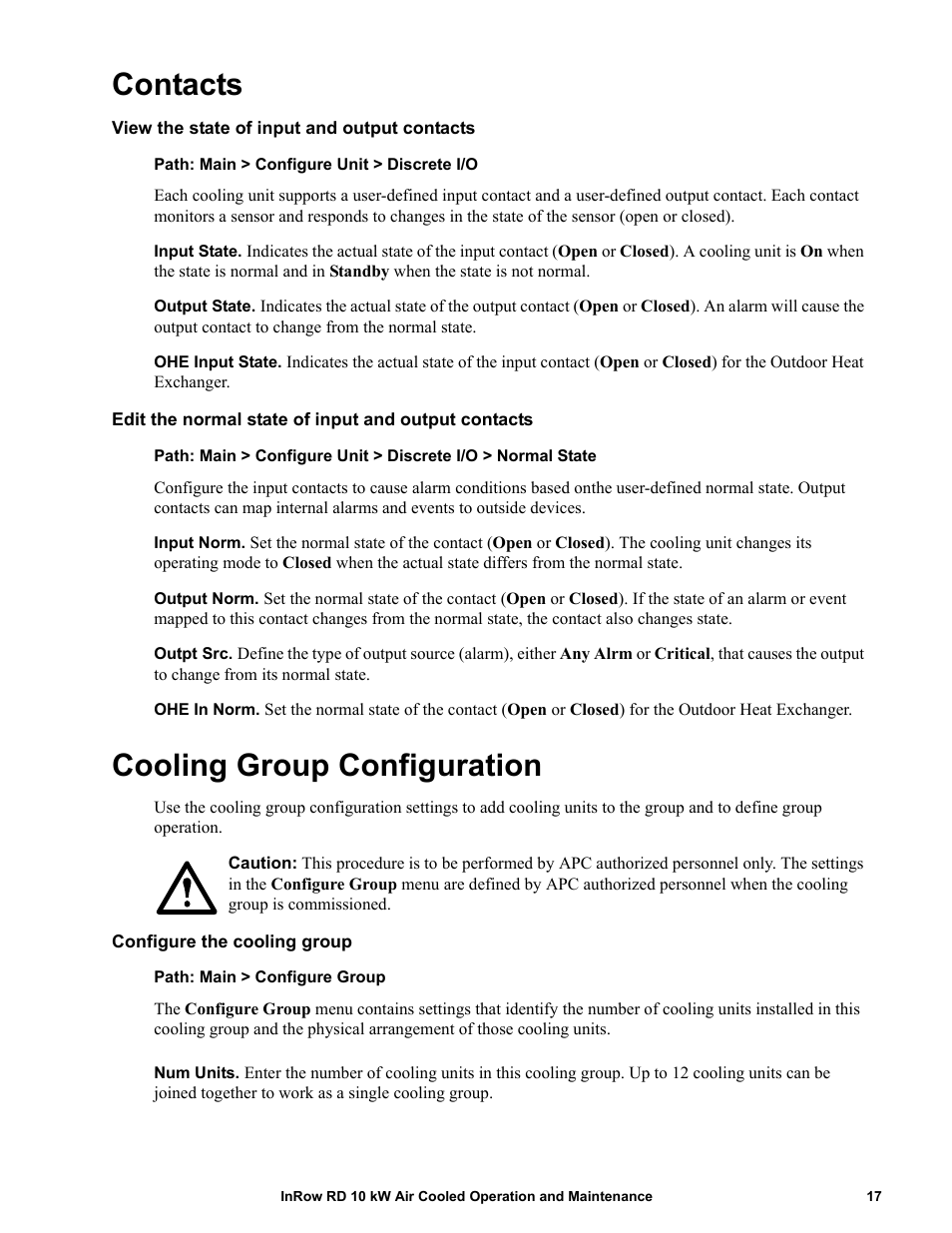 Contacts, View the state of input and output contacts, Edit the normal state of input and output contacts | Cooling group configuration, Configure the cooling group | APC IN ROW RD ACRD101 User Manual | Page 25 / 56