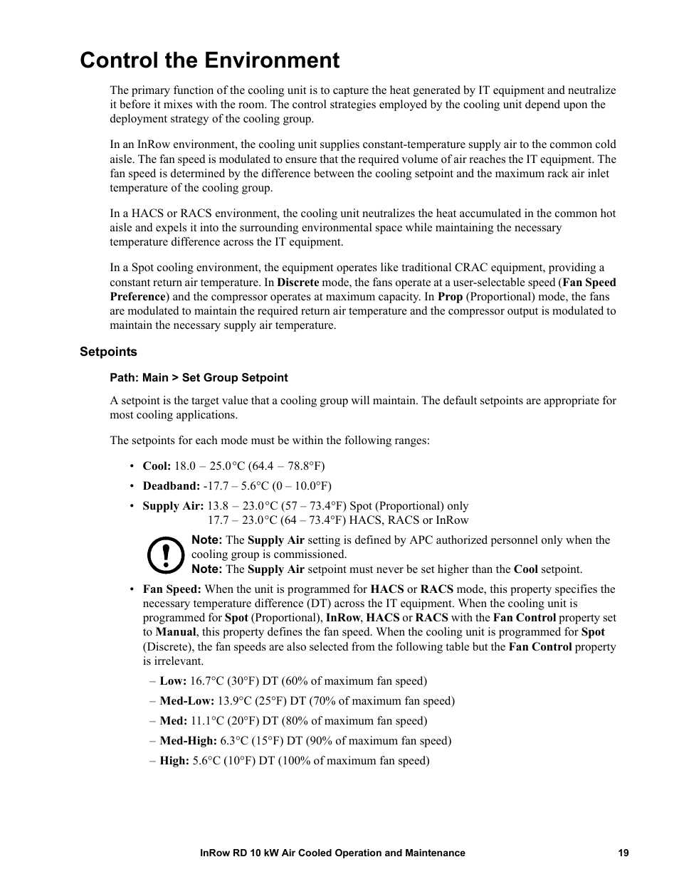 Control the environment, Setpoints | APC IN ROW RD ACRD101 User Manual | Page 27 / 56