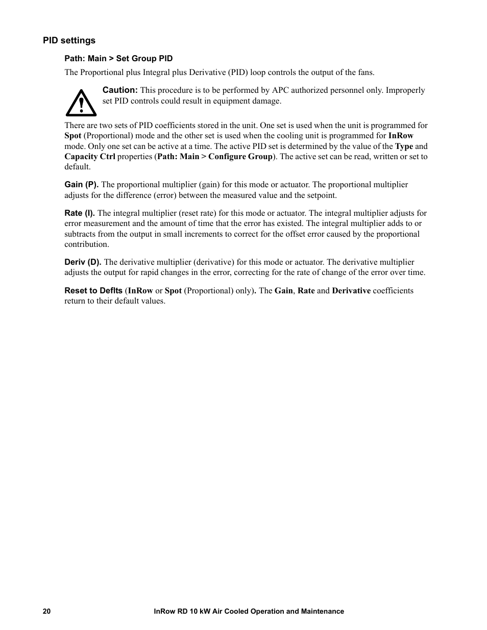 Pid settings | APC IN ROW RD ACRD101 User Manual | Page 28 / 56