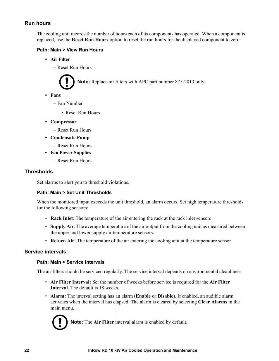 Run hours, Thresholds, Service intervals | APC IN ROW RD ACRD101 User Manual | Page 30 / 56