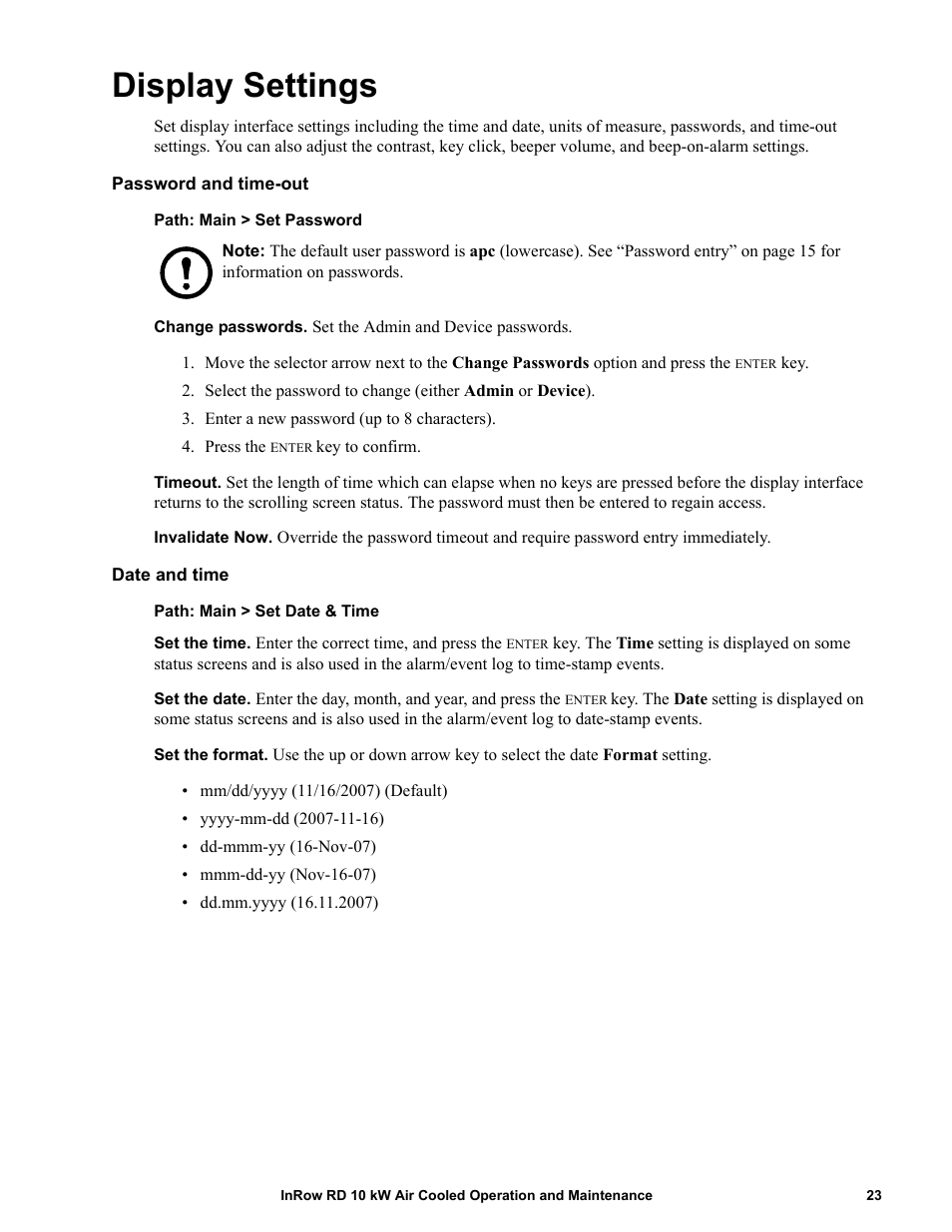 Display settings, Password and time-out, Date and time | APC IN ROW RD ACRD101 User Manual | Page 31 / 56