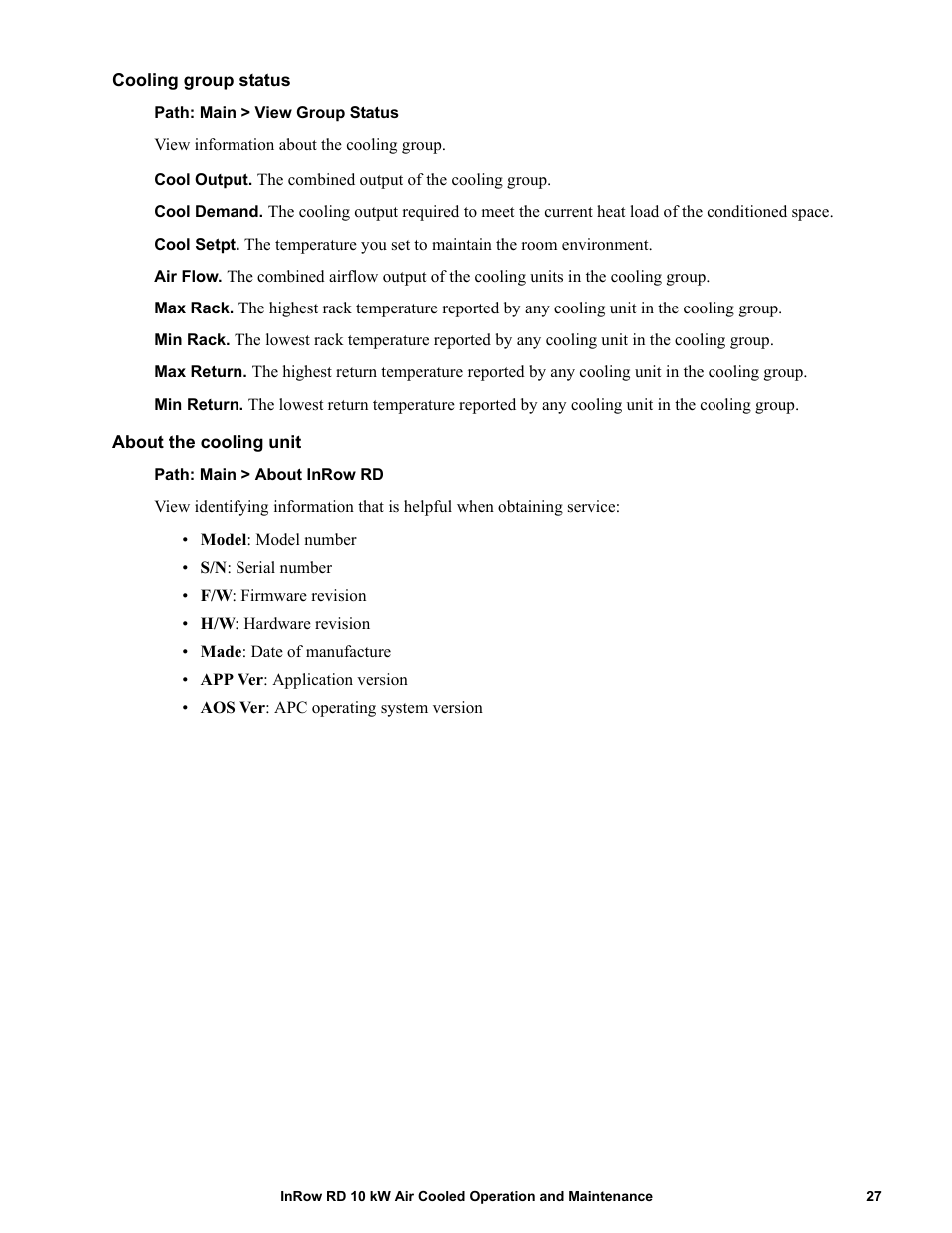 Cooling group status, About the cooling unit | APC IN ROW RD ACRD101 User Manual | Page 35 / 56