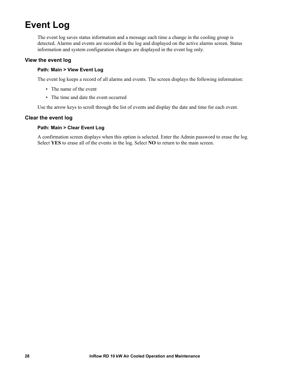 Event log, View the event log, Clear the event log | APC IN ROW RD ACRD101 User Manual | Page 36 / 56