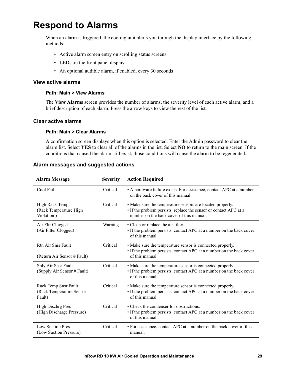 Respond to alarms, View active alarms, Clear active alarms | Alarm messages and suggested actions | APC IN ROW RD ACRD101 User Manual | Page 37 / 56