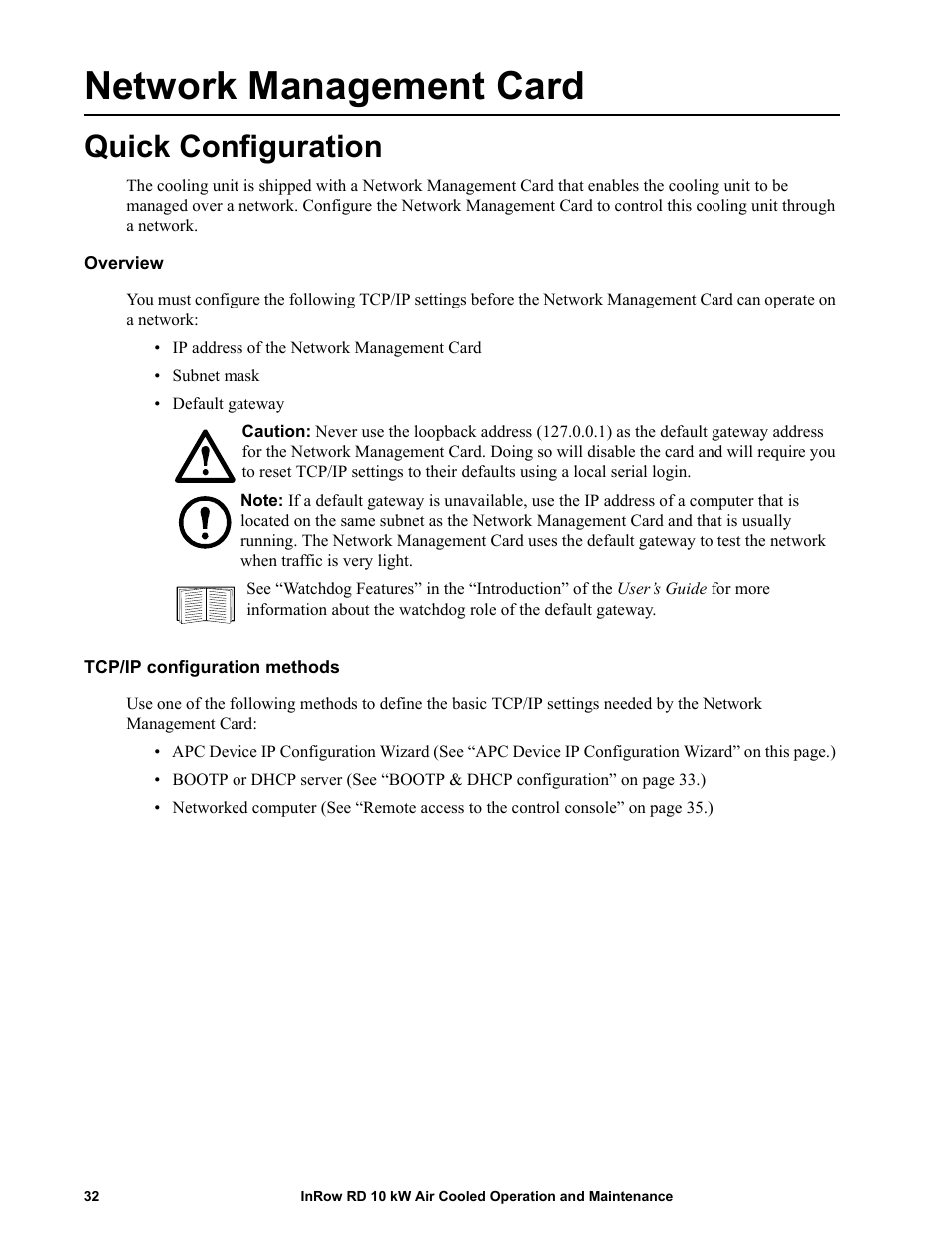 Network management card, Quick configuration, Overview | Tcp/ip configuration methods | APC IN ROW RD ACRD101 User Manual | Page 40 / 56