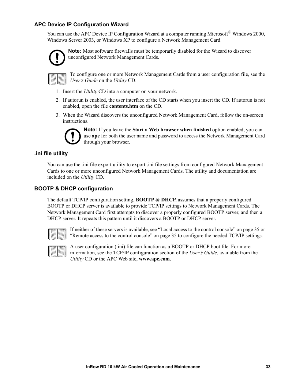 Apc device ip configuration wizard, Ini file utility, Bootp & dhcp configuration | APC IN ROW RD ACRD101 User Manual | Page 41 / 56