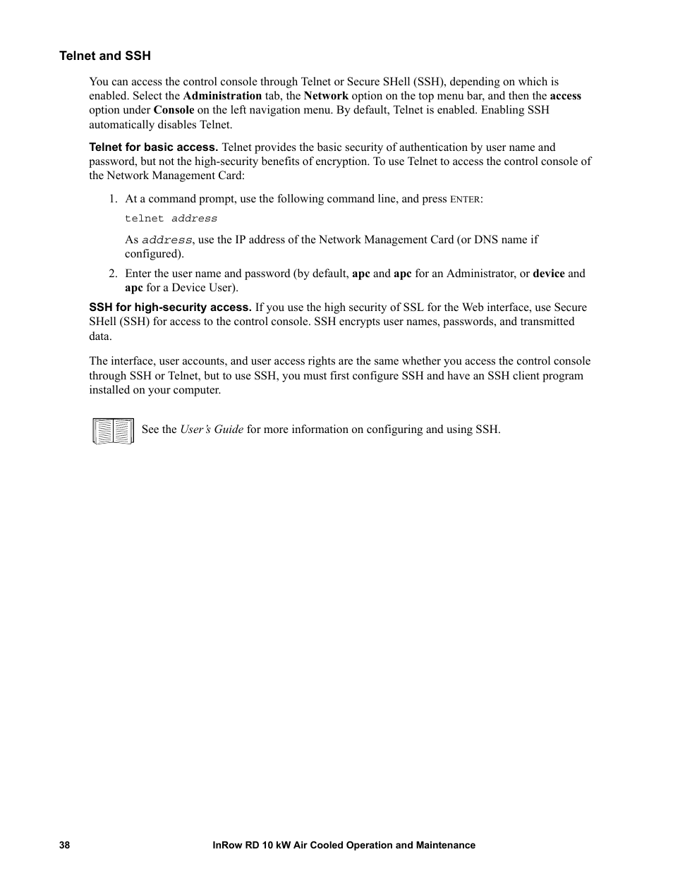 Telnet and ssh | APC IN ROW RD ACRD101 User Manual | Page 46 / 56