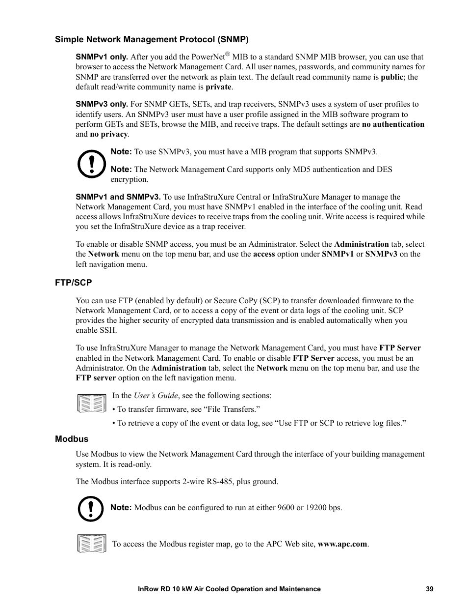 Simple network management protocol (snmp), Ftp/scp, Modbus | APC IN ROW RD ACRD101 User Manual | Page 47 / 56