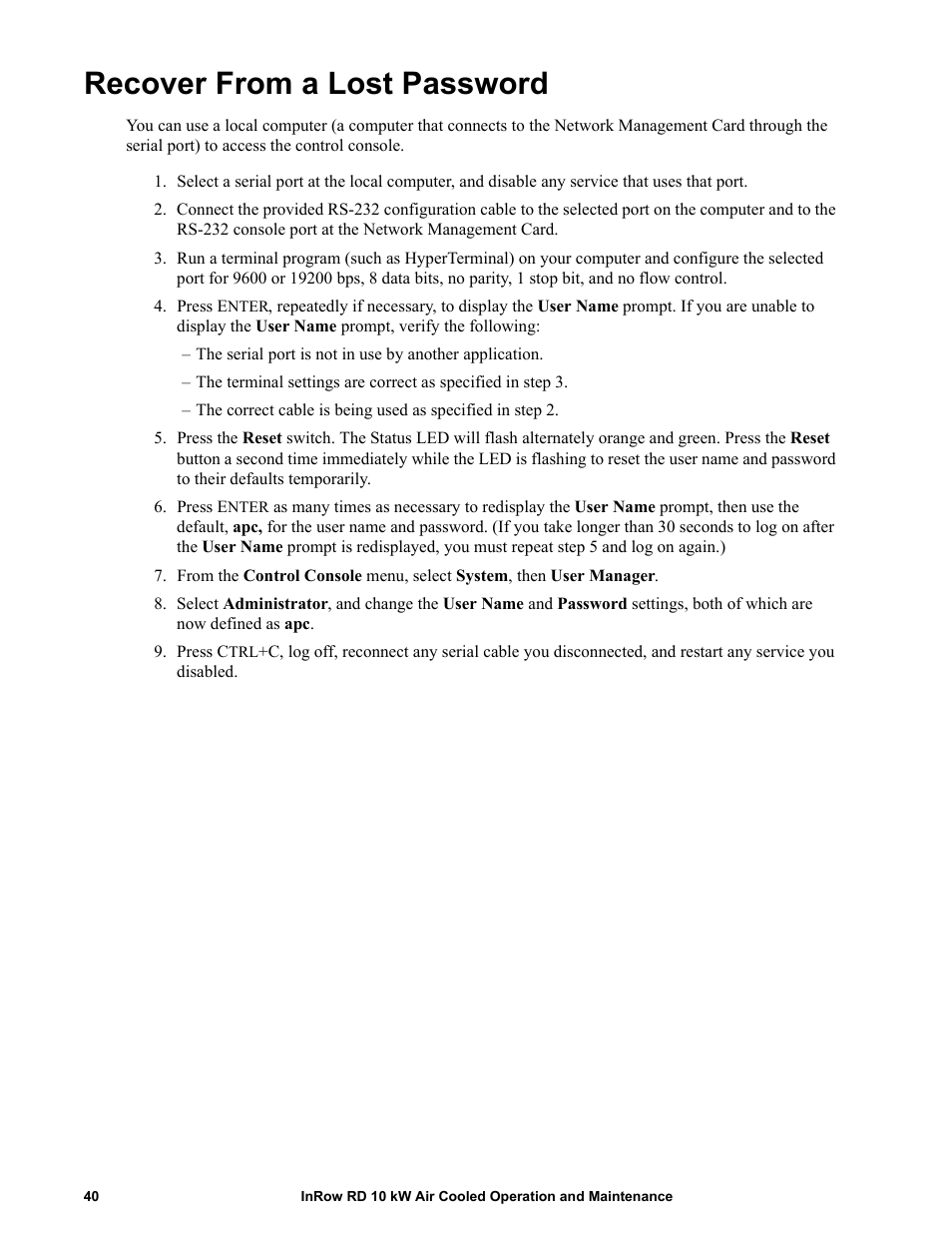 Recover from a lost password | APC IN ROW RD ACRD101 User Manual | Page 48 / 56