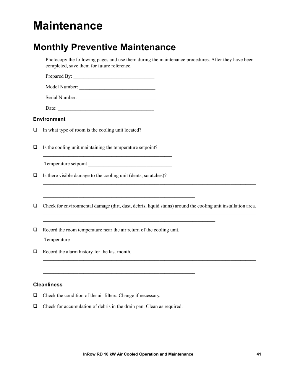 Maintenance, Monthly preventive maintenance, Environment | Cleanliness | APC IN ROW RD ACRD101 User Manual | Page 49 / 56