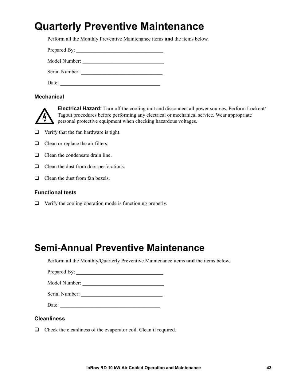 Quarterly preventive maintenance, Mechanical, Functional tests | Semi-annual preventive maintenance, Cleanliness | APC IN ROW RD ACRD101 User Manual | Page 51 / 56