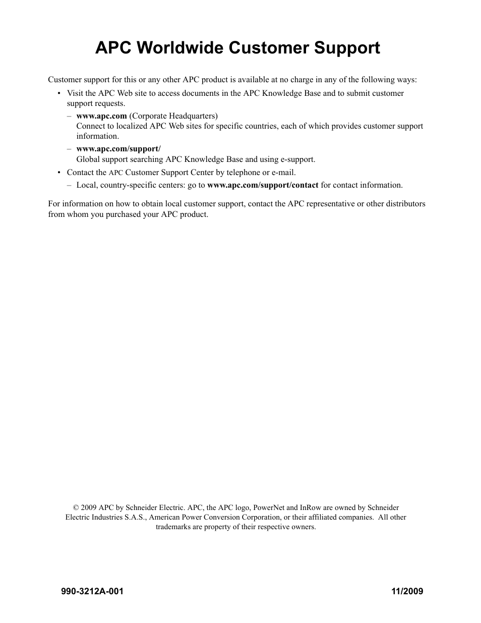 Apc worldwide customer support | APC IN ROW RD ACRD101 User Manual | Page 56 / 56