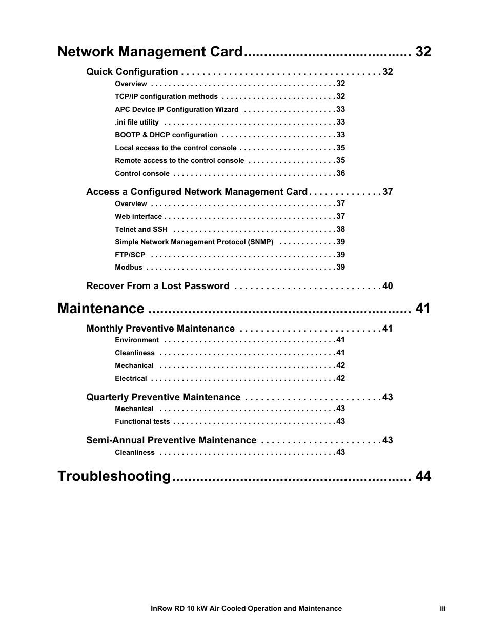 Network management card, Maintenance, Troubleshooting | APC IN ROW RD ACRD101 User Manual | Page 7 / 56