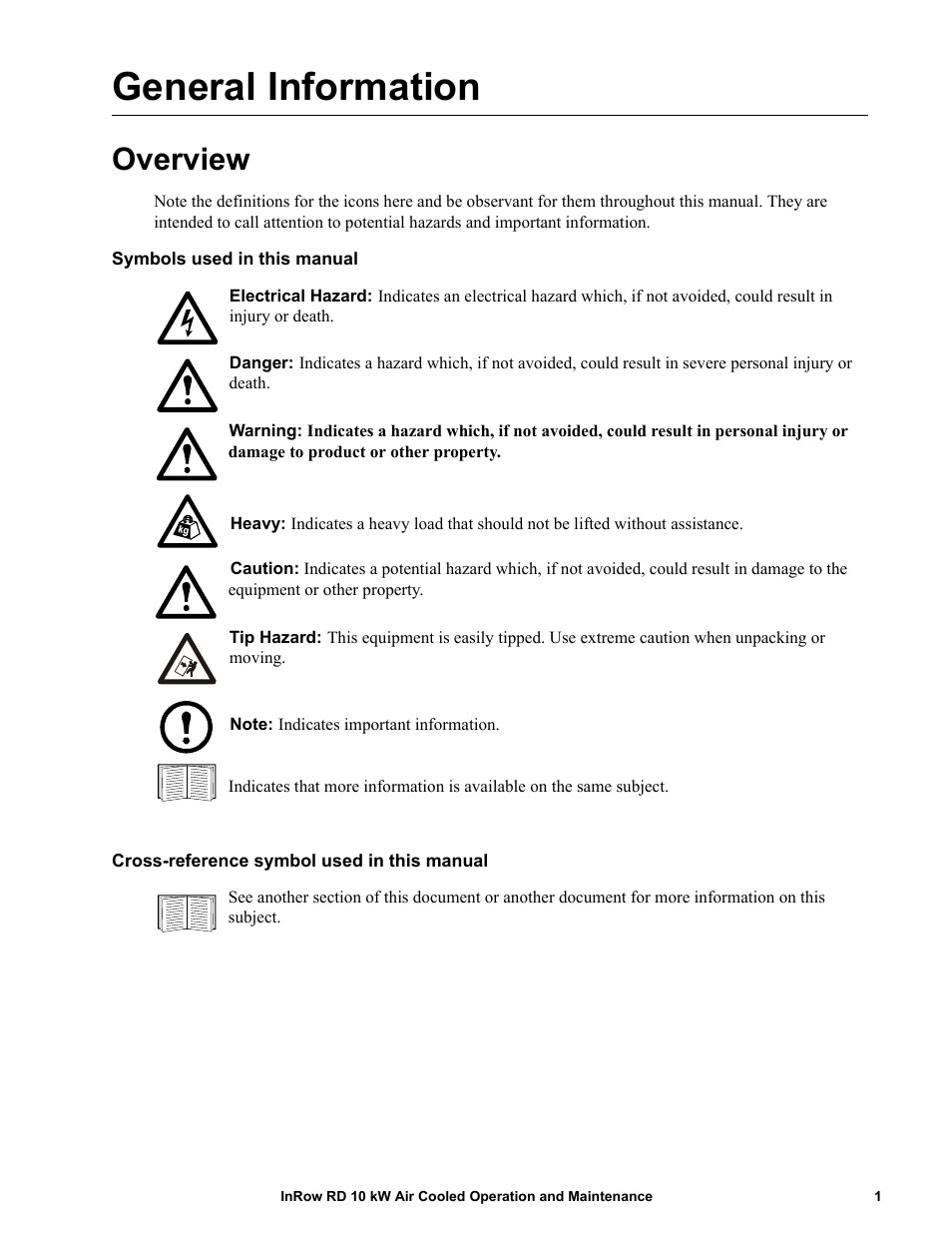 General information, Overview, Symbols used in this manual | Cross-reference symbol used in this manual | APC IN ROW RD ACRD101 User Manual | Page 9 / 56