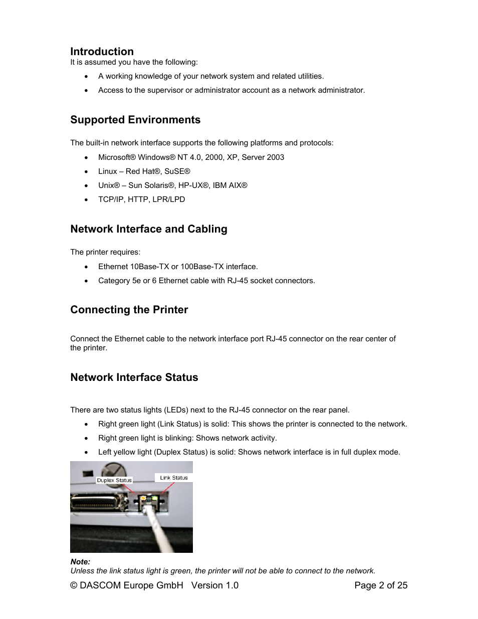 Introduction, Supported environments, Network interface and cabling | Connecting the printer, Network interface status | Dascom T2280+ Web Panel Description - ETH-INT User Manual | Page 2 / 25