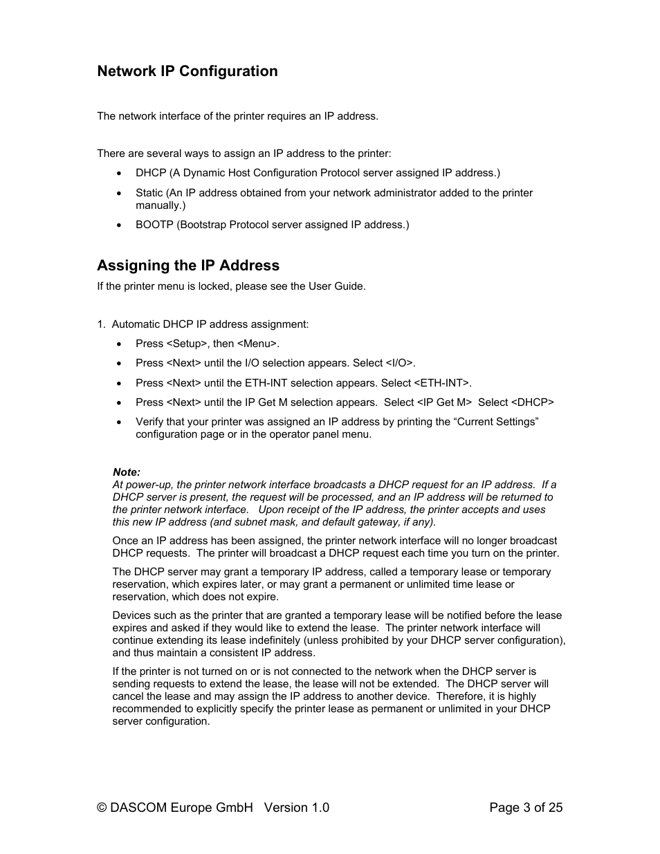 Network ip configuration, Assigning the ip address | Dascom T2280+ Web Panel Description - ETH-INT User Manual | Page 3 / 25