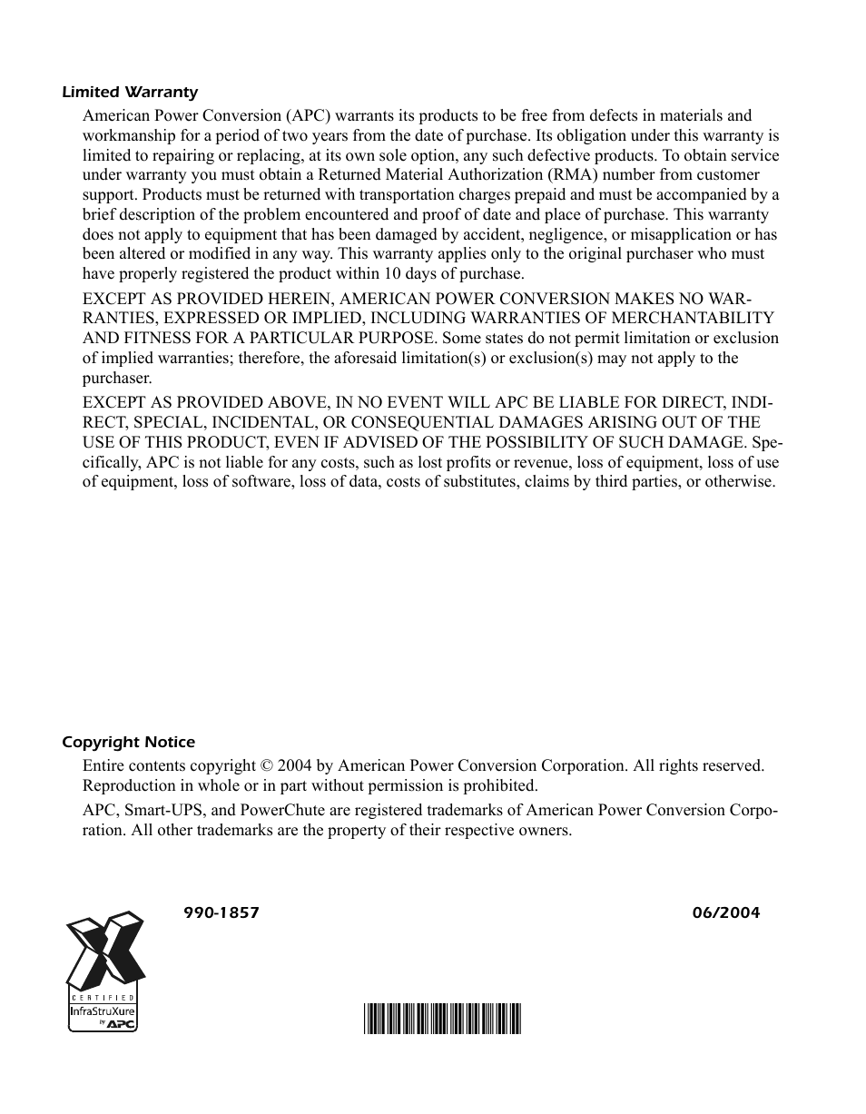 Limited warranty, Copyright notice | APC SMART-UPS RT SURTA48XLBPJ User Manual | Page 12 / 12