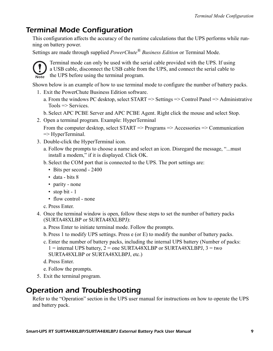 Terminal mode configuration, Operation and troubleshooting | APC SMART-UPS RT SURTA48XLBPJ User Manual | Page 9 / 12
