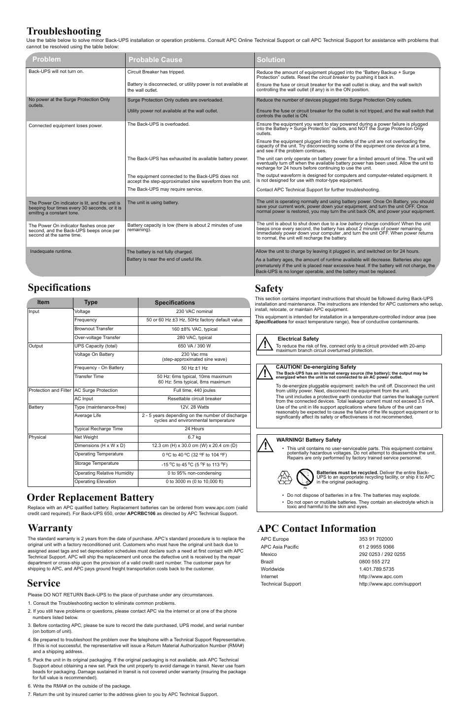 Troubleshooting, Problem solution specifications, Warranty | Order replacement battery, Apc contact information, Service safety, Problem probable cause solution | APC BACK-UPS BR650CI User Manual | Page 2 / 2