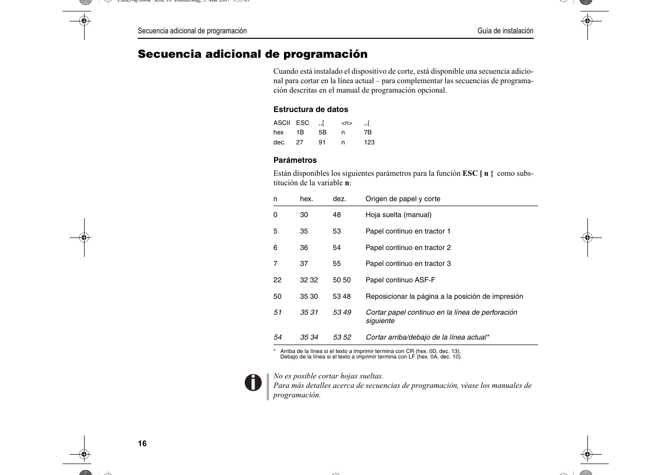 Secuencia adicional de programación | Dascom T2150S Quick Start Guide Cutter Option User Manual | Page 100 / 104