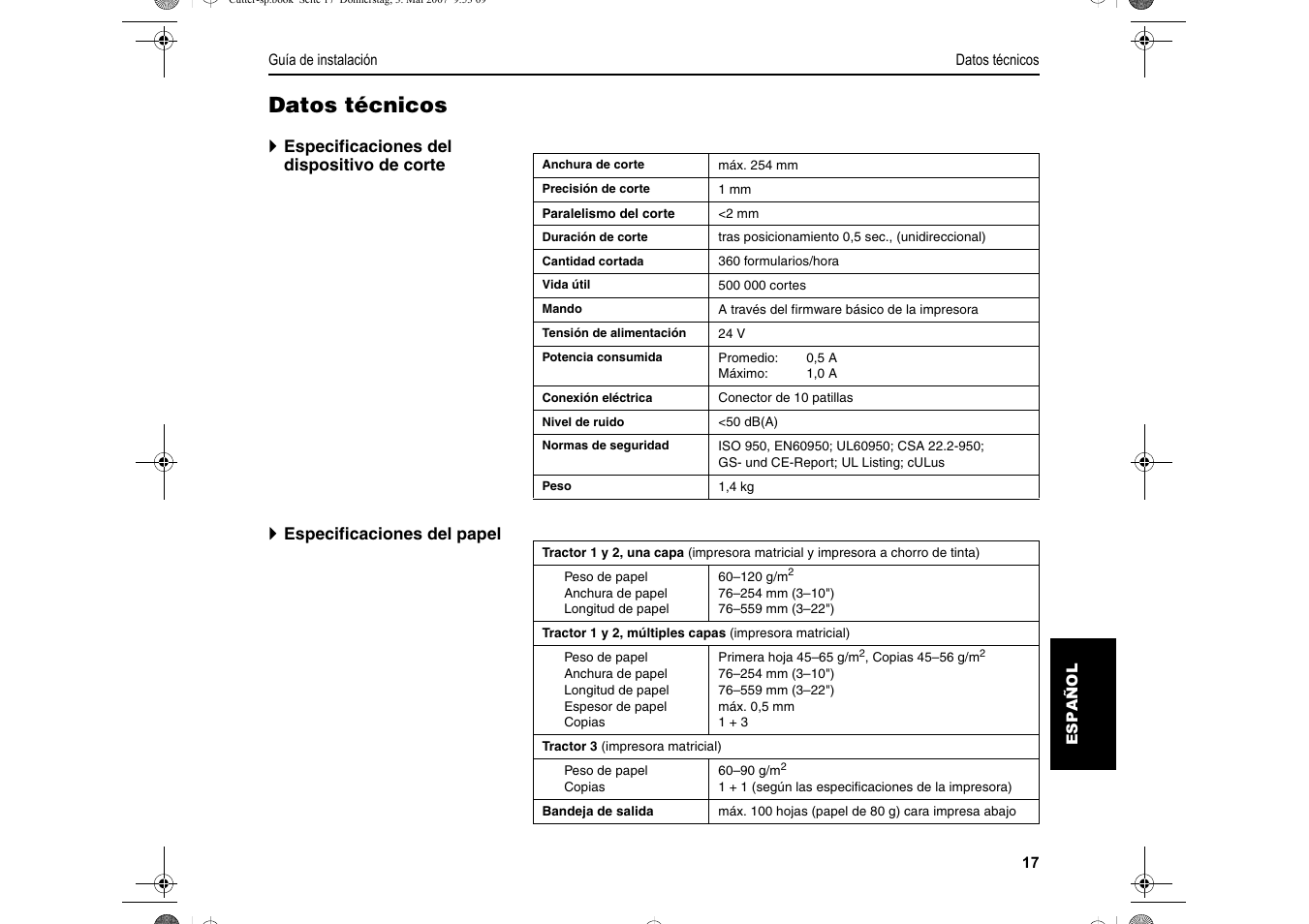 Datos técnicos | Dascom T2150S Quick Start Guide Cutter Option User Manual | Page 101 / 104