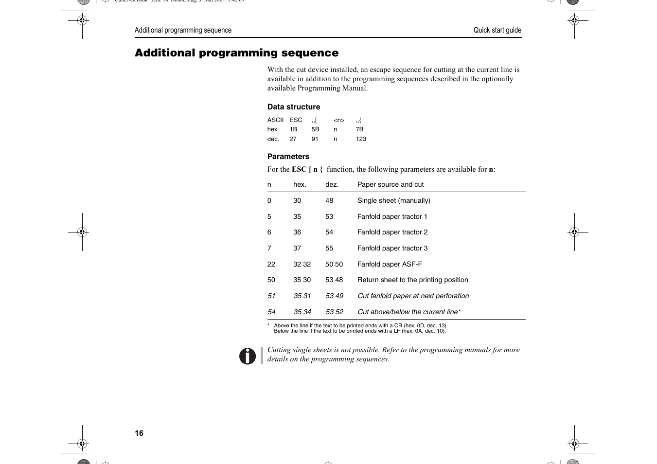 Additional programming sequence | Dascom T2150S Quick Start Guide Cutter Option User Manual | Page 20 / 104