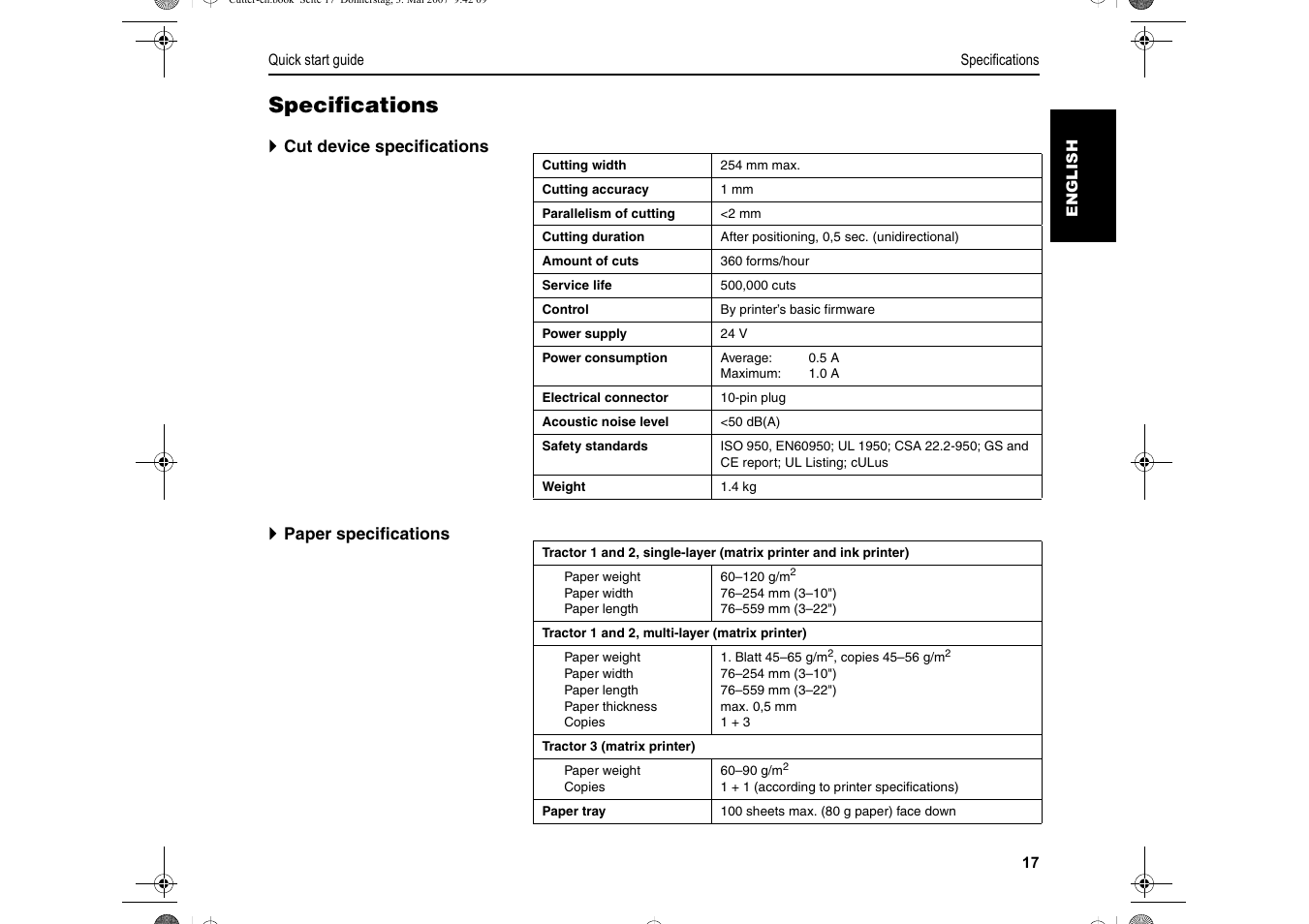 Specifications | Dascom T2150S Quick Start Guide Cutter Option User Manual | Page 21 / 104