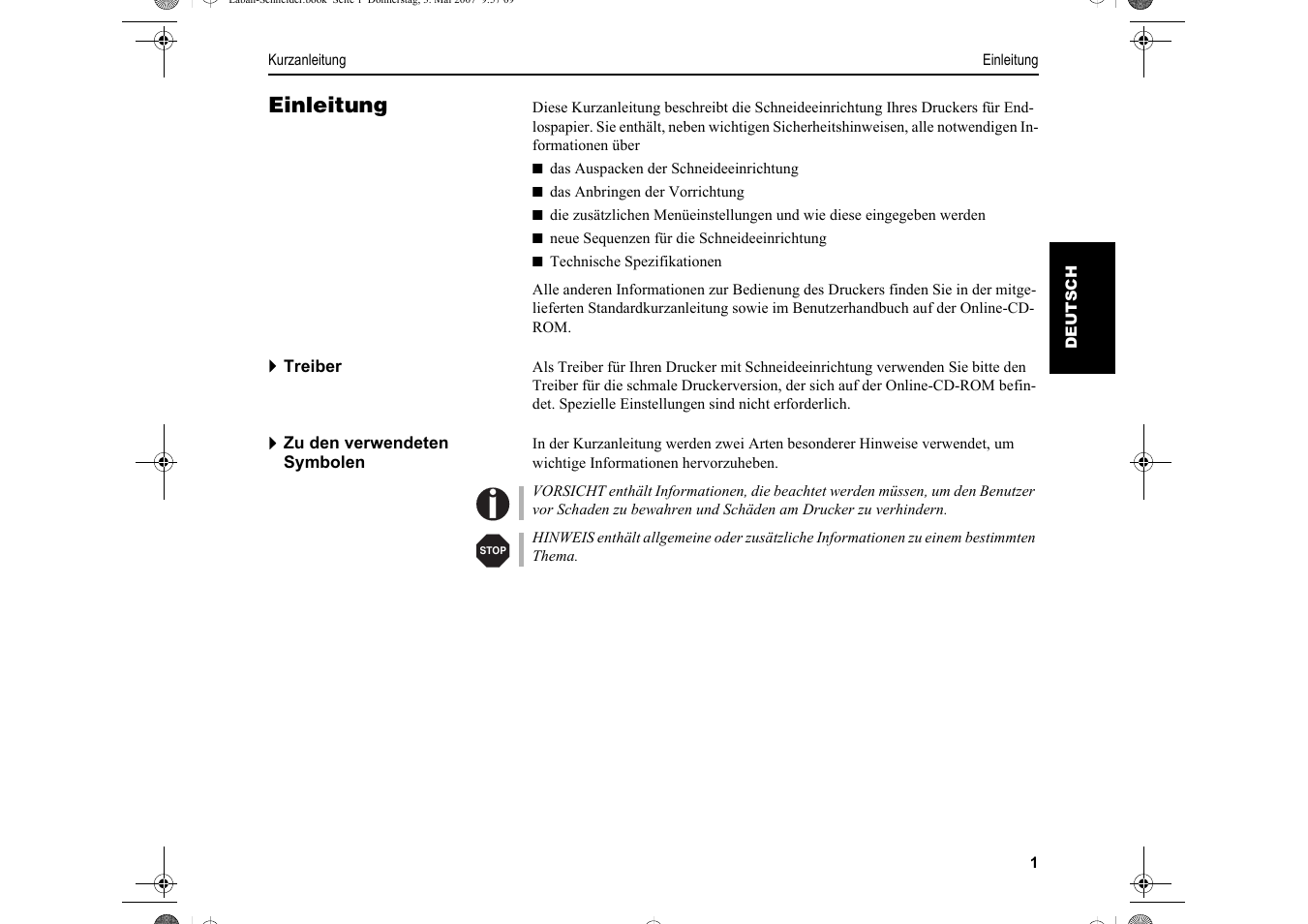 Einleitung | Dascom T2150S Quick Start Guide Cutter Option User Manual | Page 25 / 104