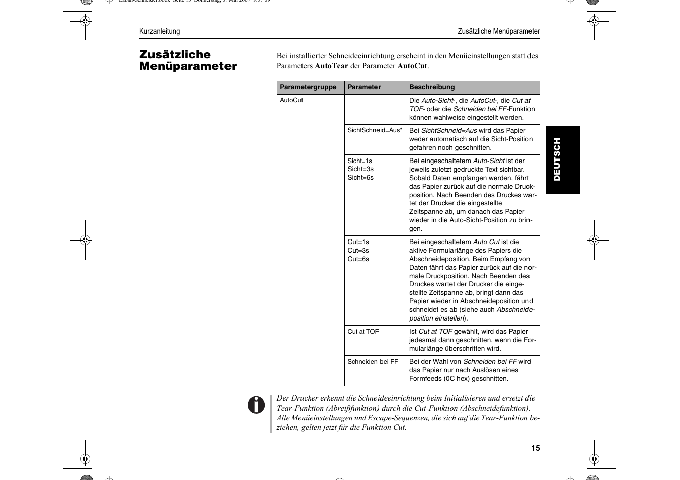 Zusätzliche menüparameter | Dascom T2150S Quick Start Guide Cutter Option User Manual | Page 39 / 104