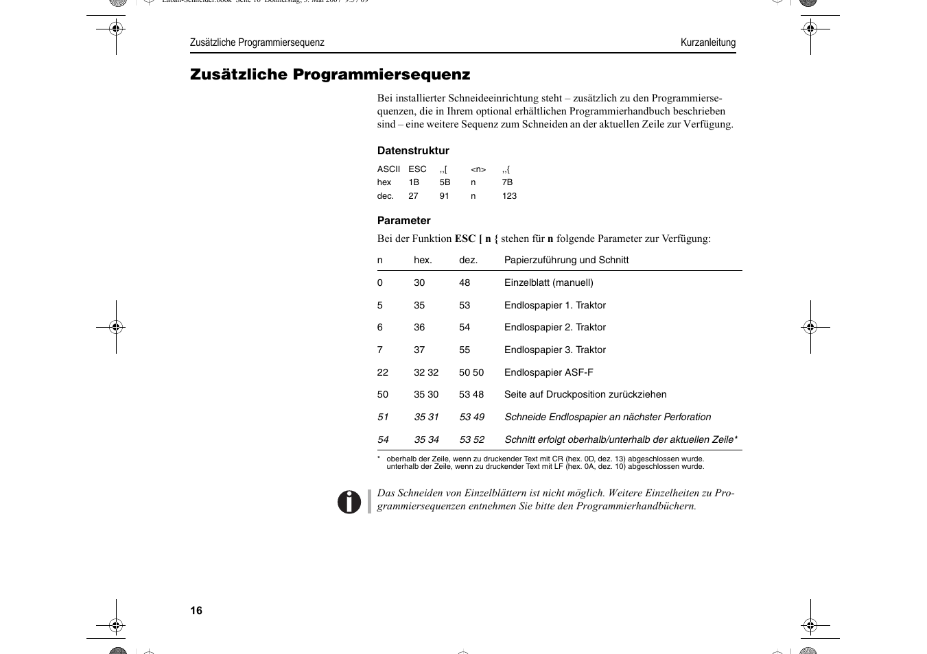 Zusätzliche programmiersequenz | Dascom T2150S Quick Start Guide Cutter Option User Manual | Page 40 / 104