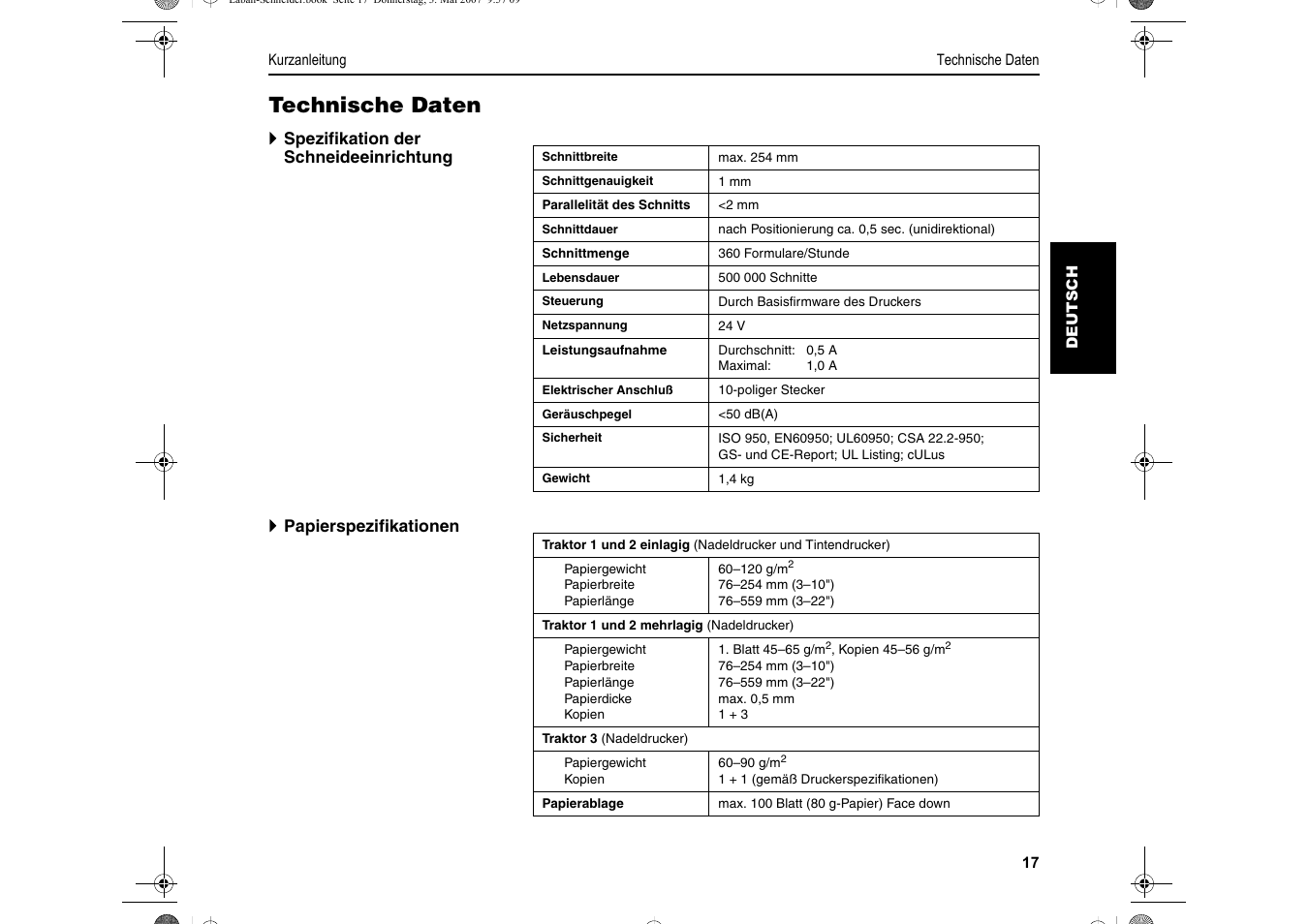 Technische daten | Dascom T2150S Quick Start Guide Cutter Option User Manual | Page 41 / 104