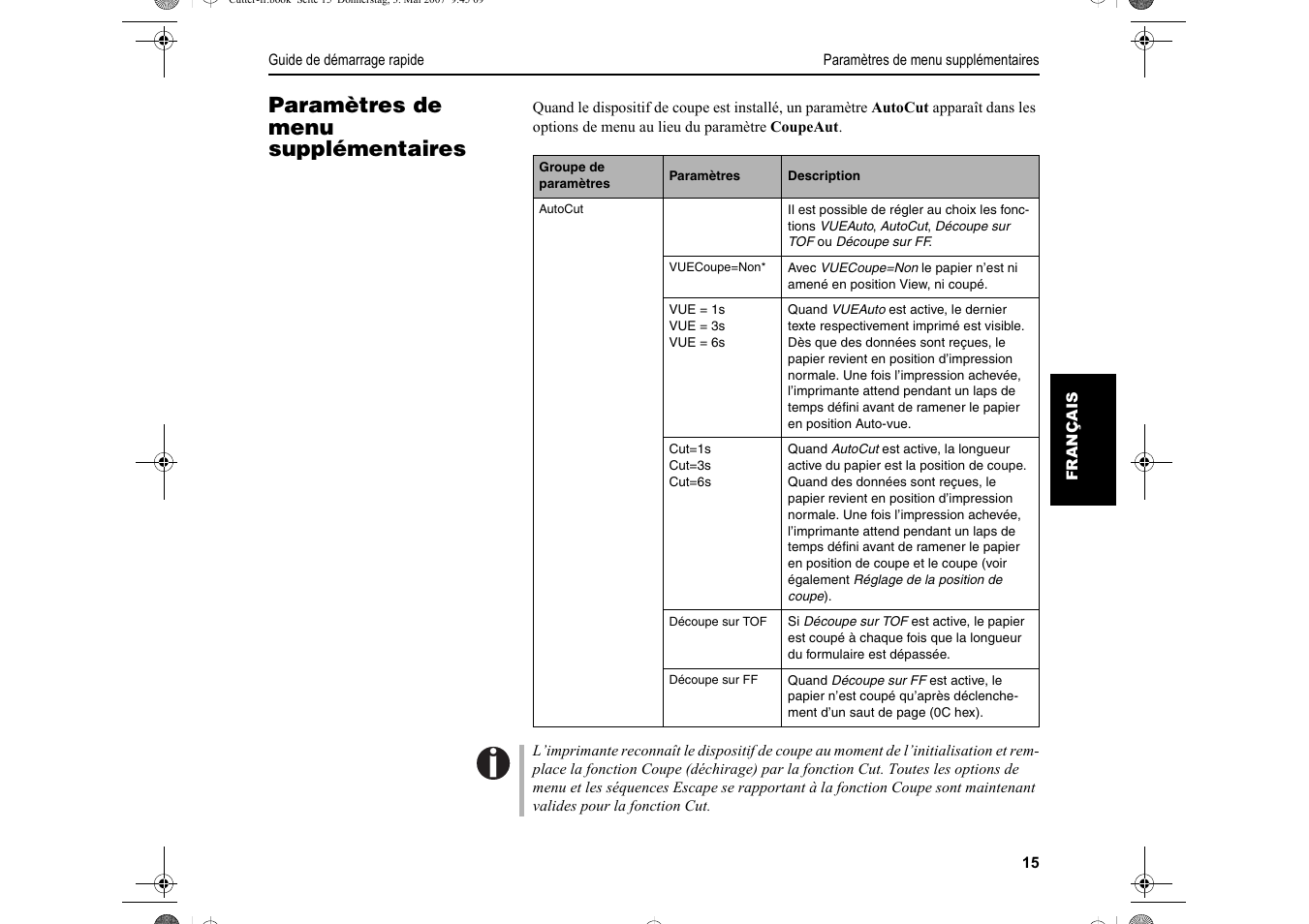 Paramètres de menu supplémentaires | Dascom T2150S Quick Start Guide Cutter Option User Manual | Page 59 / 104